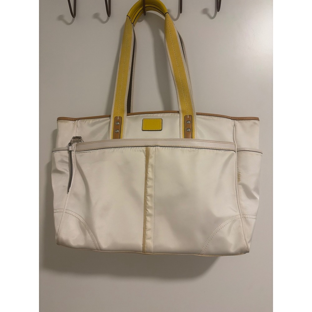 Coach Hampton big Nylon Tote Bag Cream Yellow Leather Trim Shoulder Bag
